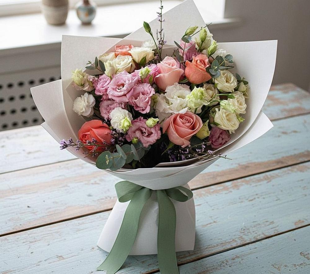 Букет цветов из: Розы, Лизиантусы и Гвоздики в Боровихе