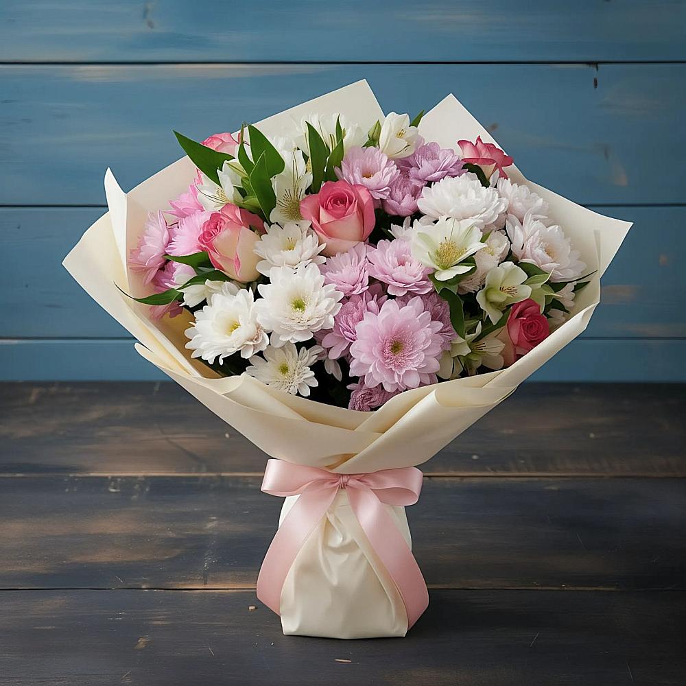 Букет цветов из: Хризантемы, Альстромерии и Розы в Боровихе